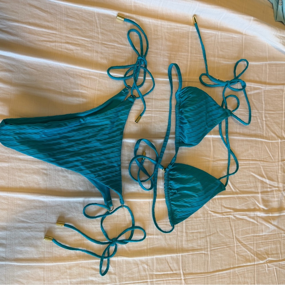 Monday Swimwear Teal Ribbed String Bikini Top & Bottom